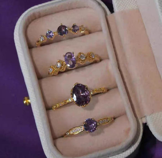 Elegant Gold Rings with Purple Gemstones and Diamonds